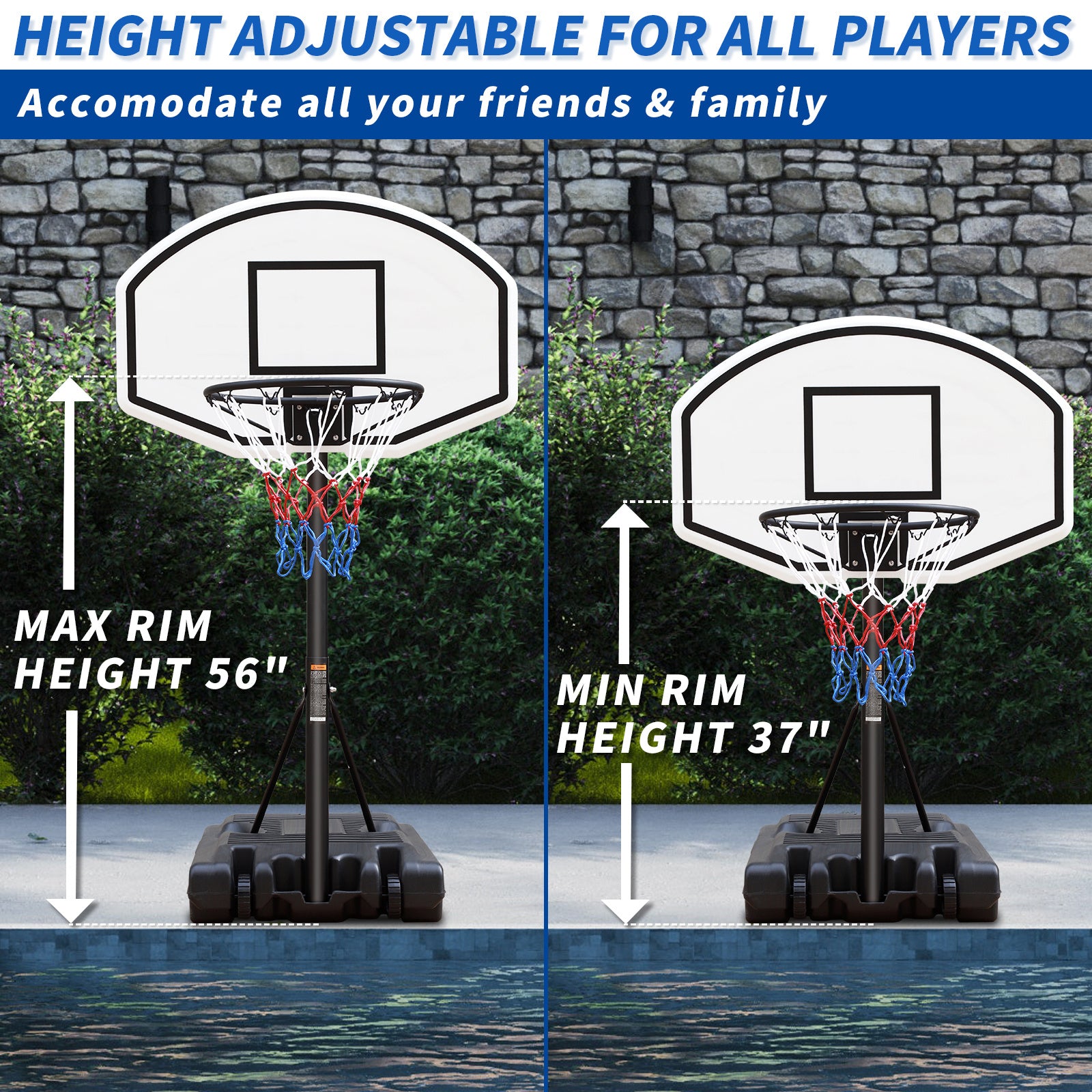 Portable Poolside Basketball Hoop Swimming Pool 3.1ft to 4.7ft Height-Adjustable Basketball System Goal Stand for Kids Doba